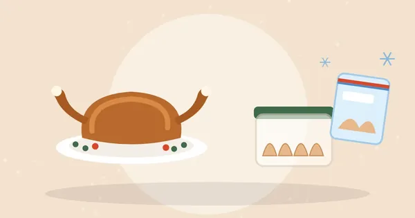 Platter of sliced leftover roast turkey next to a glass storage container and a labeled freezer bag of turkey