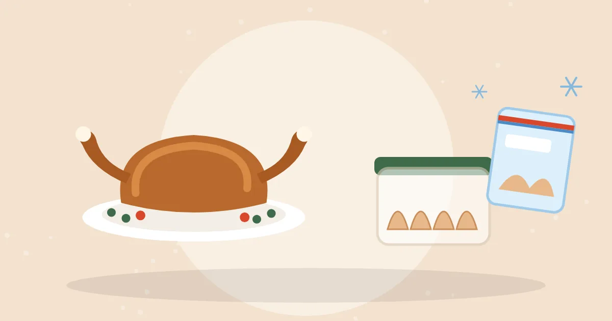 Platter of sliced leftover roast turkey next to a glass storage container and a labeled freezer bag of turkey