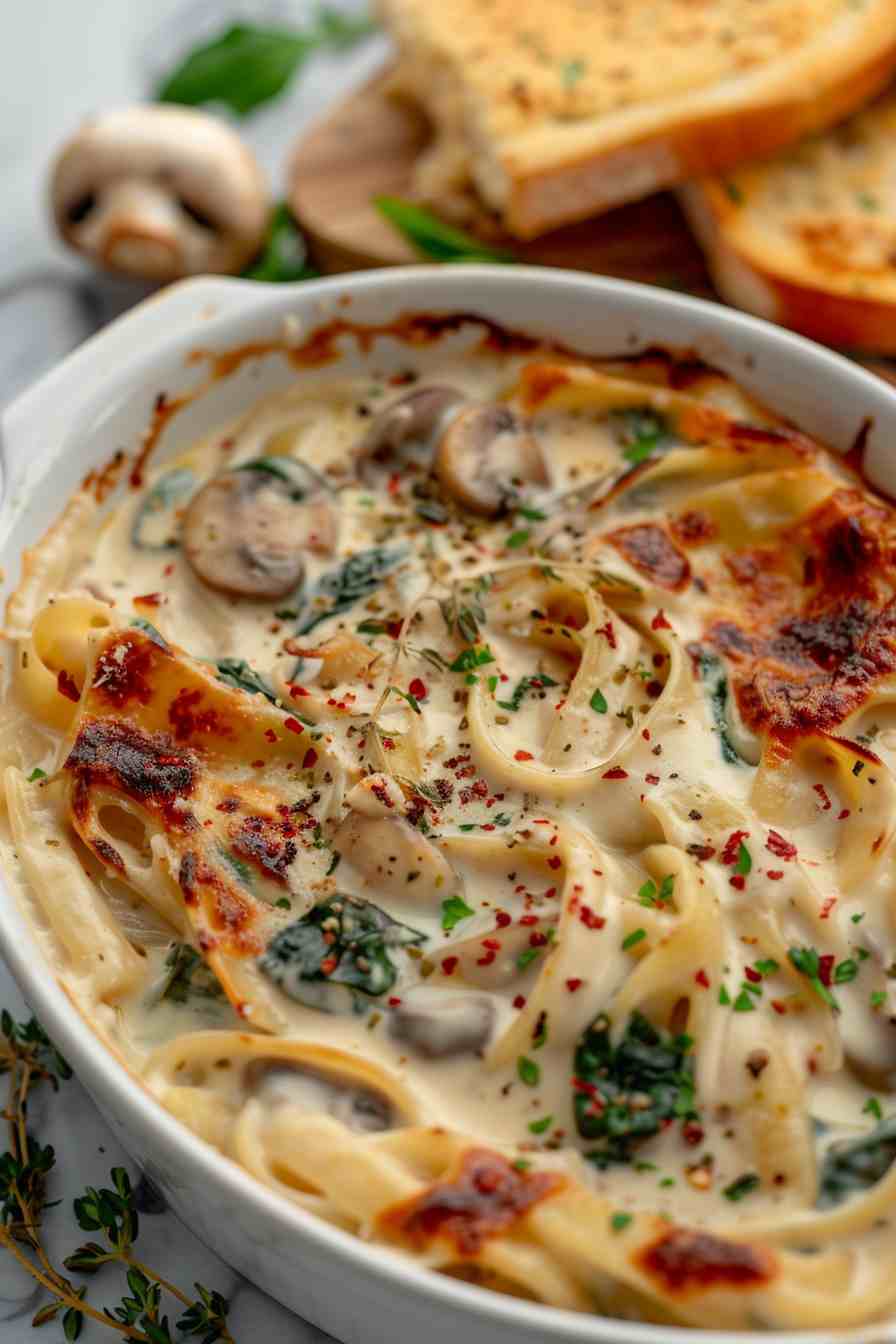 Creamy Mushroom and Spinach Pasta Bake