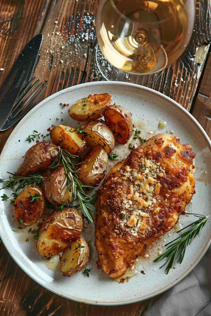 Garlic Parmesan Chicken with Crispy Roasted Potatoes