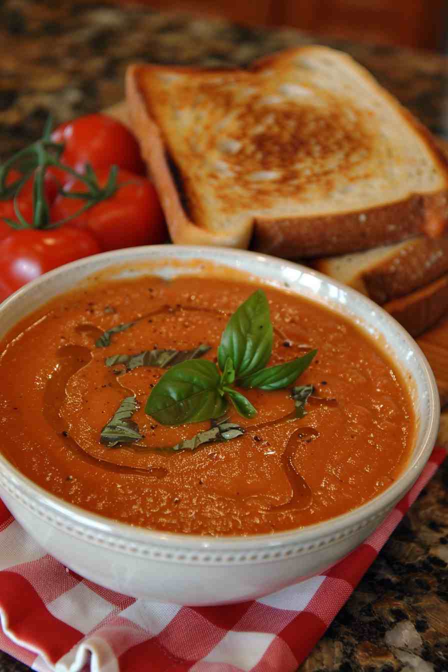 Rustic Tomato Basil Soup with Grilled Cheese