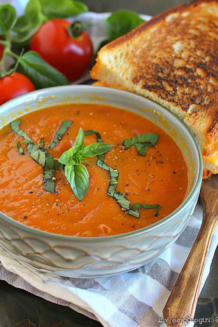 Rustic Tomato Basil Soup with Grilled Cheese