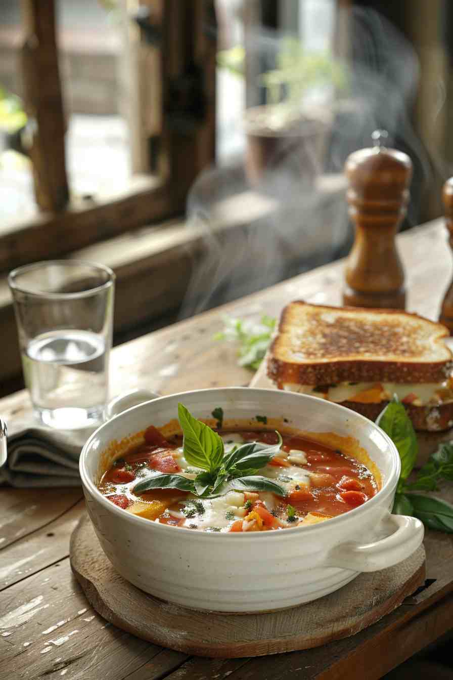 Rustic Tomato Basil Soup with Grilled Cheese