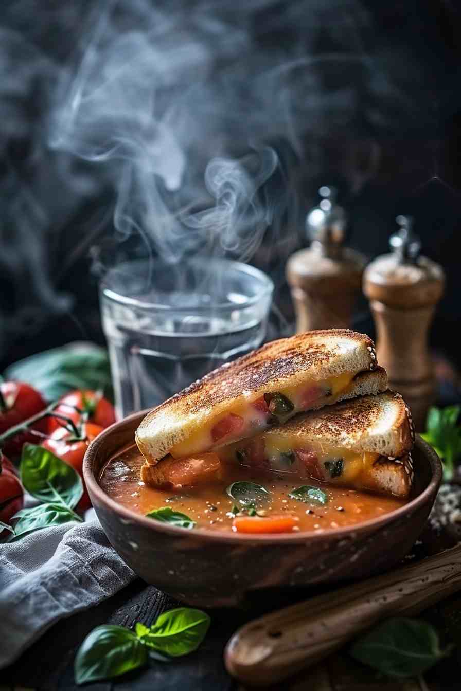 Rustic Tomato Basil Soup with Grilled Cheese