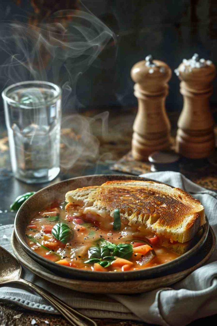 Rustic Tomato Basil Soup with Grilled Cheese