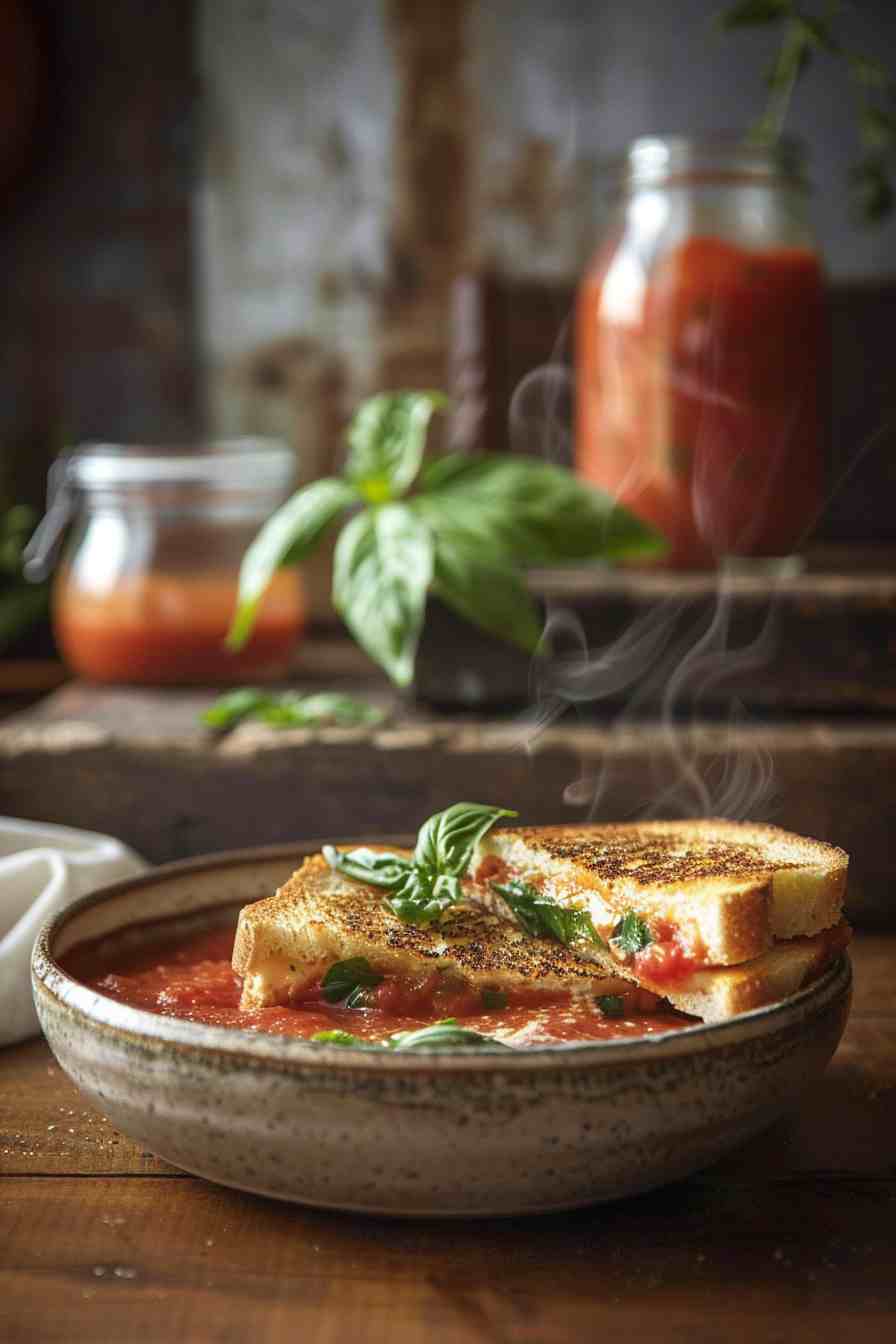 Rustic Tomato Basil Soup with Grilled Cheese