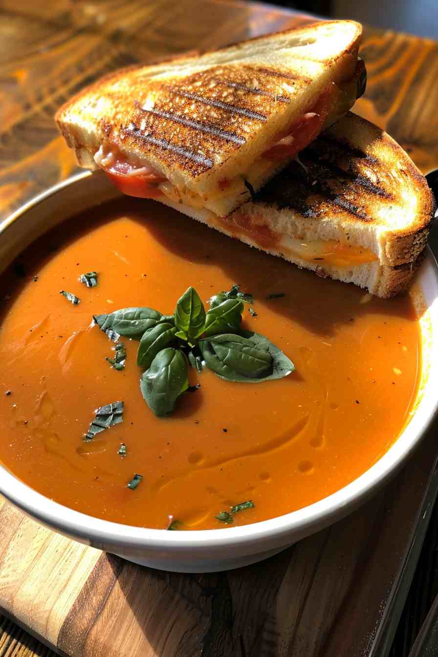 Rustic Tomato Basil Soup with Grilled Cheese