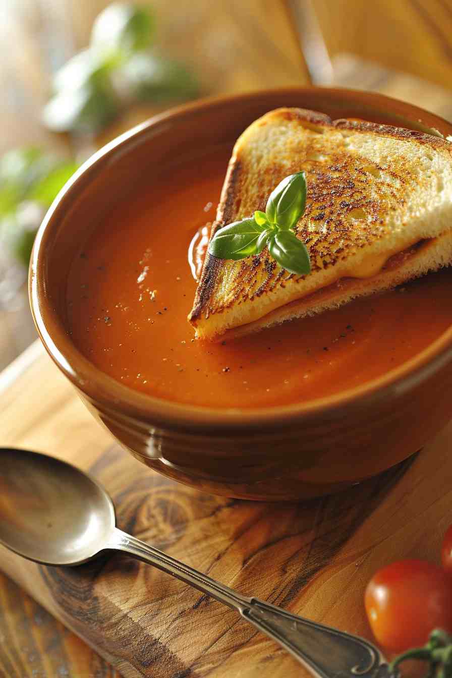 Rustic Tomato Basil Soup with Grilled Cheese