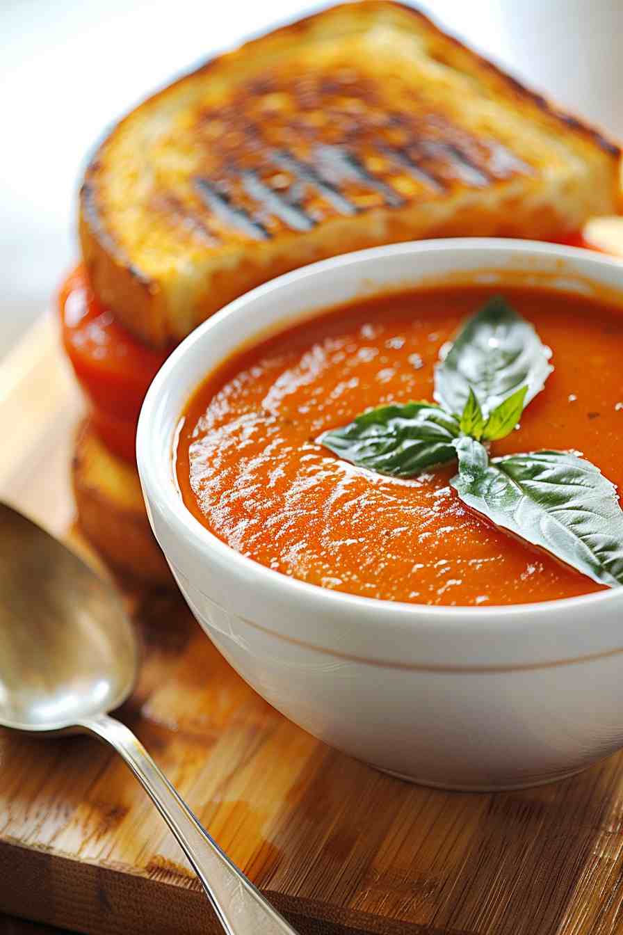 Rustic Tomato Basil Soup with Grilled Cheese