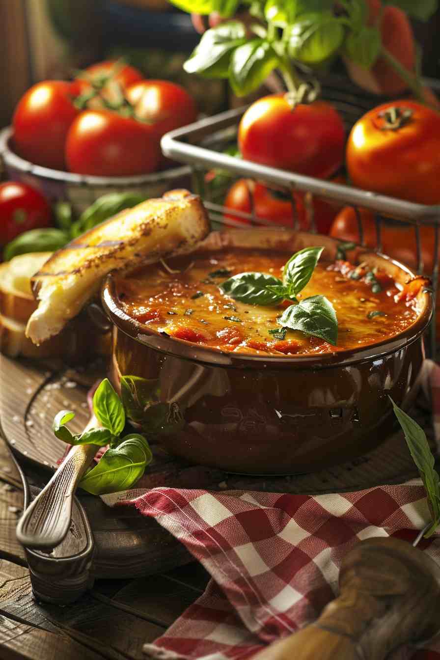 Rustic Tomato Basil Soup with Grilled Cheese