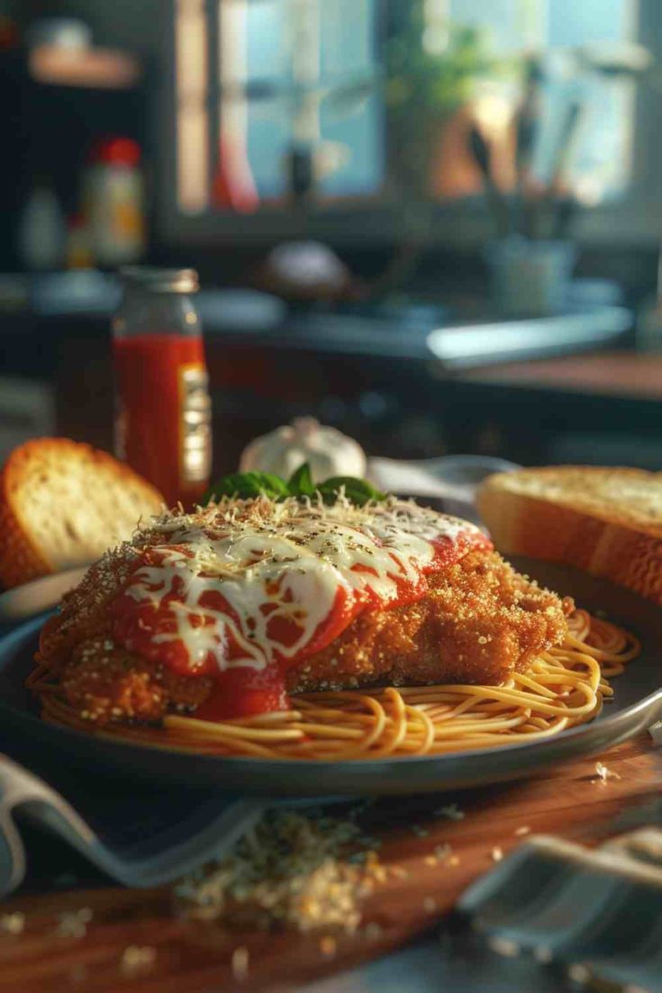 Chicken Parmesan Over Spaghetti