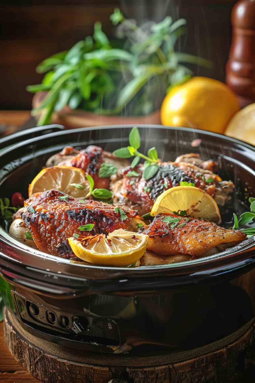 Lemon Garlic Crockpot Chicken Thighs