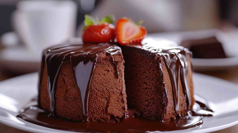 Angel Food Cake with Chocolate Ganache Drizzle