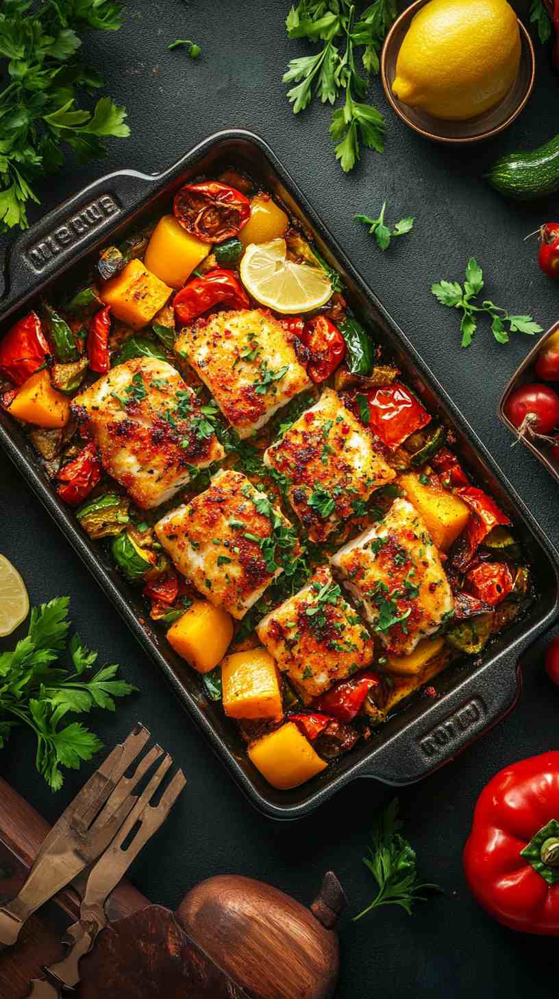 Baked Cod with Roasted Vegetables for Bulk Baked Cod with Roasted Vegetables for Bulk
