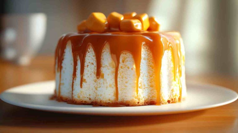 Caramel Drizzled Angel Food Cake