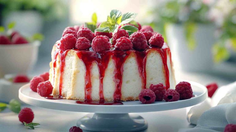 Heavenly Angel Food Cake with Raspberry Sauce