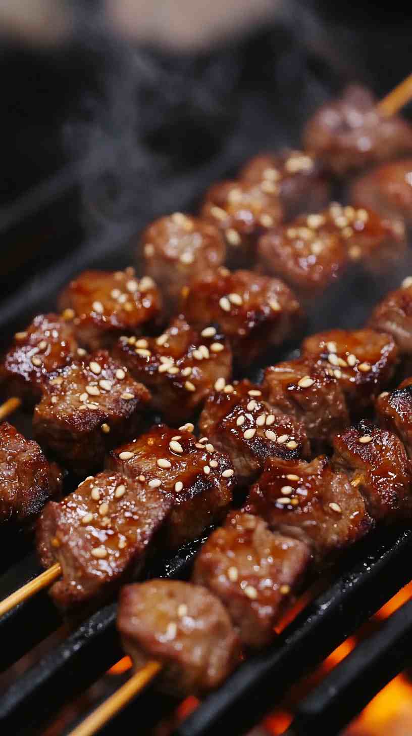 Korean BBQ Beef Skewers with Kimchi Street Food Korean BBQ Beef Skewers with Kimchi Street Food