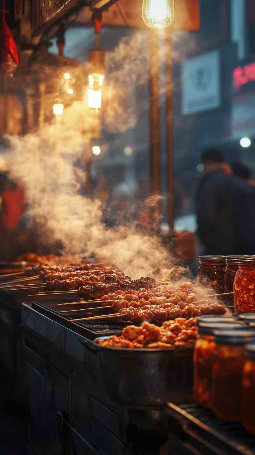 Korean BBQ Beef Skewers with Kimchi Street Food Korean BBQ Beef Skewers with Kimchi Street Food