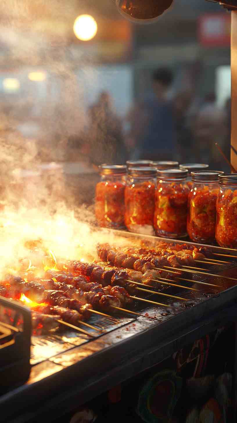 Korean BBQ Beef Skewers with Kimchi Street Food Korean BBQ Beef Skewers with Kimchi Street Food