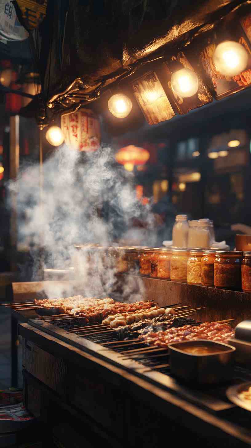 Korean BBQ Beef Skewers with Kimchi Street Food Korean BBQ Beef Skewers with Kimchi Street Food