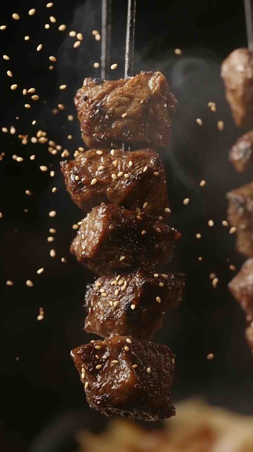 Korean BBQ Beef Skewers with Kimchi Street Food Korean BBQ Beef Skewers with Kimchi Street Food