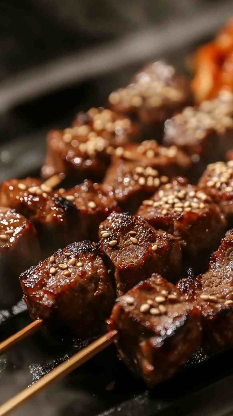 Korean BBQ Beef Skewers with Kimchi Street Food Korean BBQ Beef Skewers with Kimchi Street Food