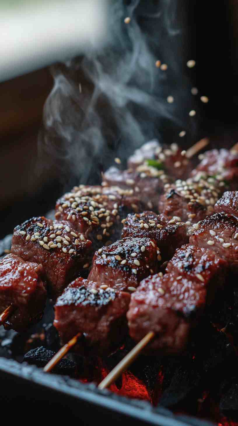 Korean BBQ Beef Skewers with Kimchi Street Food Korean BBQ Beef Skewers with Kimchi Street Food