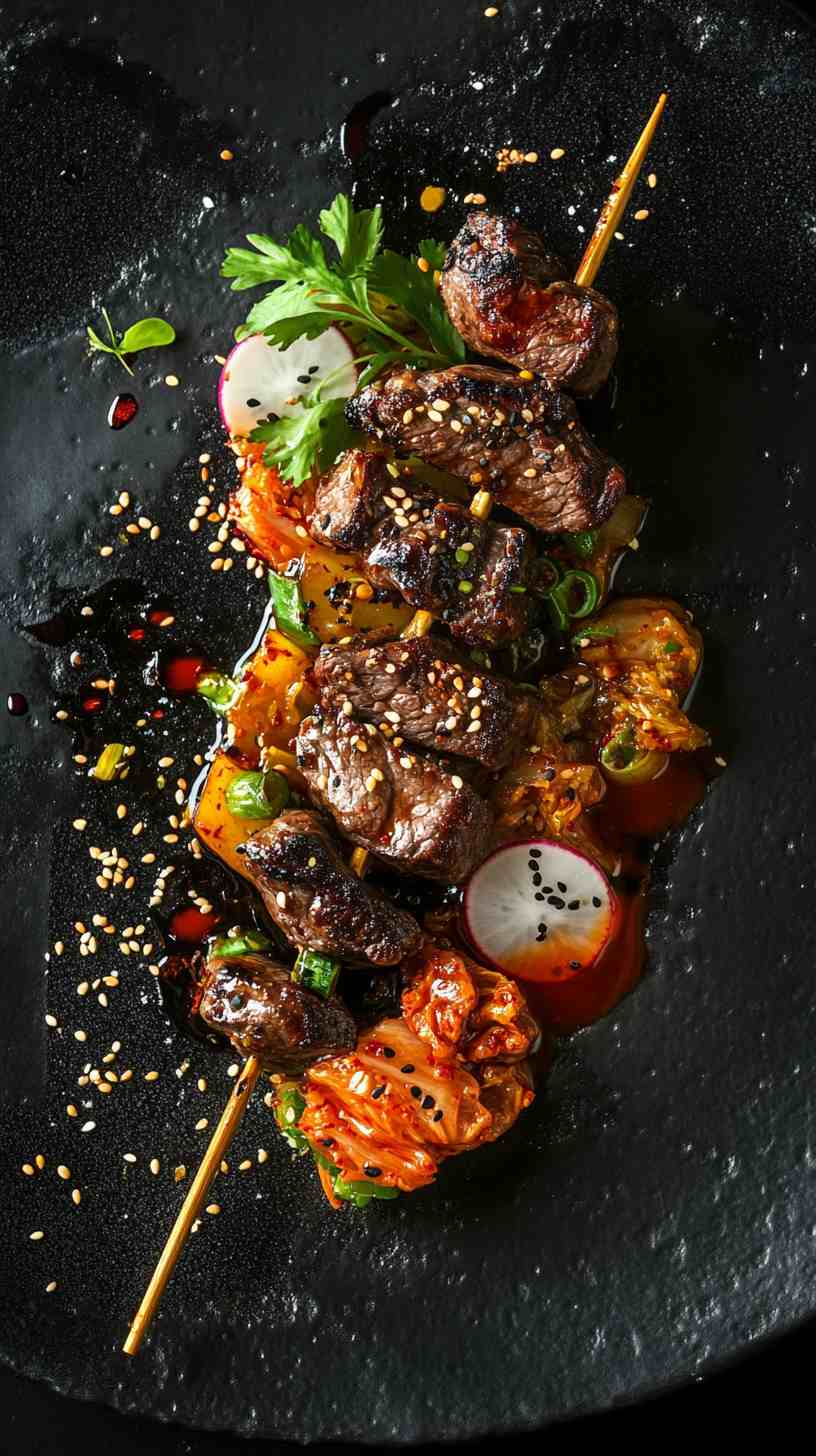 Korean BBQ Beef Skewers with Kimchi Street Food Korean BBQ Beef Skewers with Kimchi Street Food