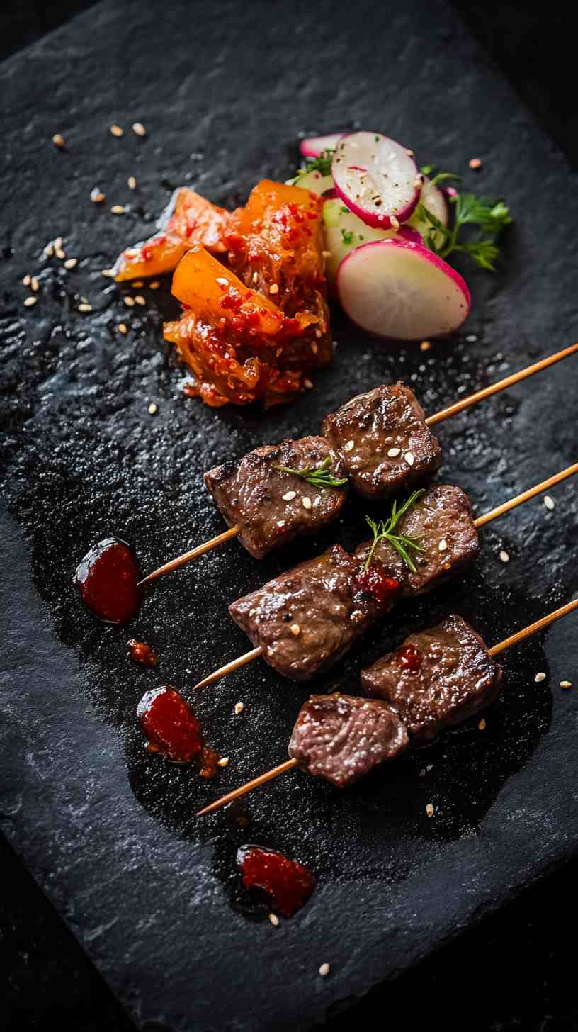 Korean BBQ Beef Skewers with Kimchi Street Food Korean BBQ Beef Skewers with Kimchi Street Food