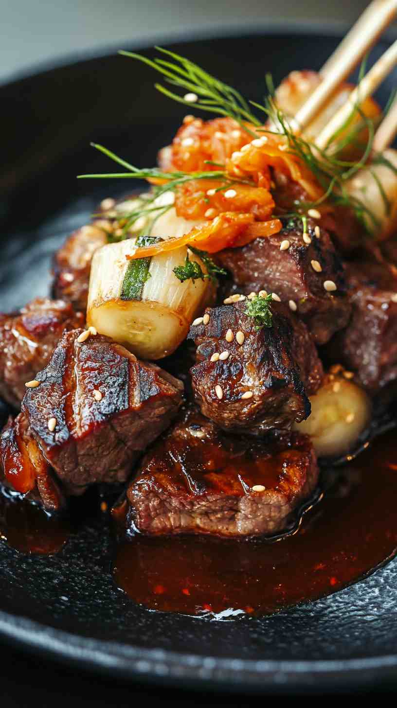 Korean BBQ Beef Skewers with Kimchi Street Food Korean BBQ Beef Skewers with Kimchi Street Food