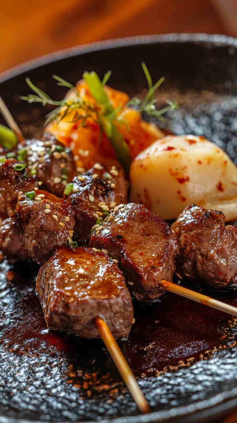 Korean BBQ Beef Skewers with Kimchi Street Food Korean BBQ Beef Skewers with Kimchi Street Food