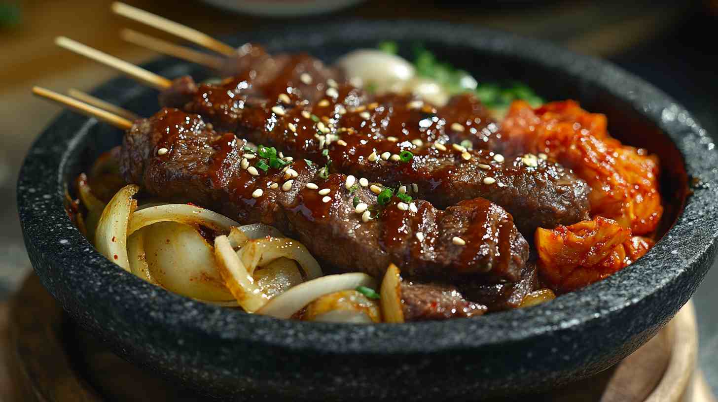 Korean BBQ Beef Skewers with Kimchi Street Food