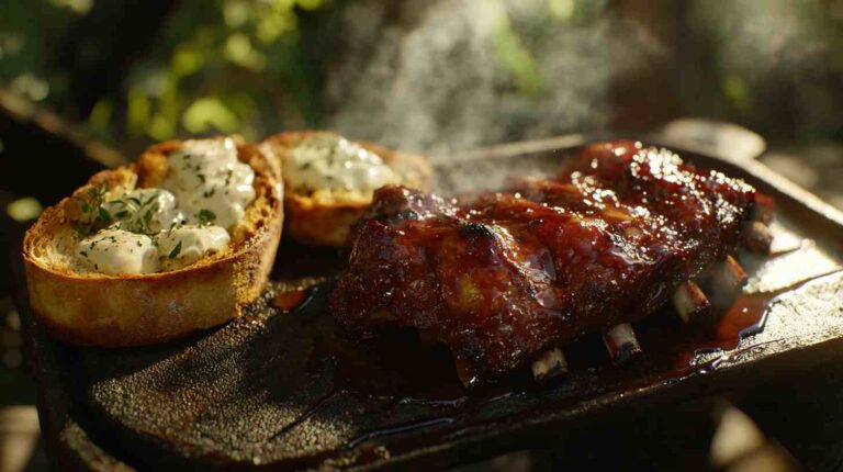 Sticky BBQ Ribs with Garlic Bread