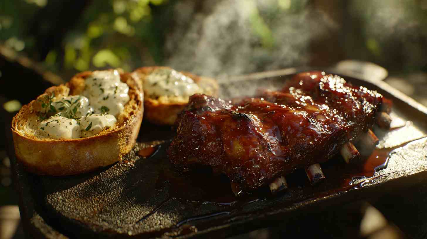 Sticky BBQ Ribs with Garlic Bread