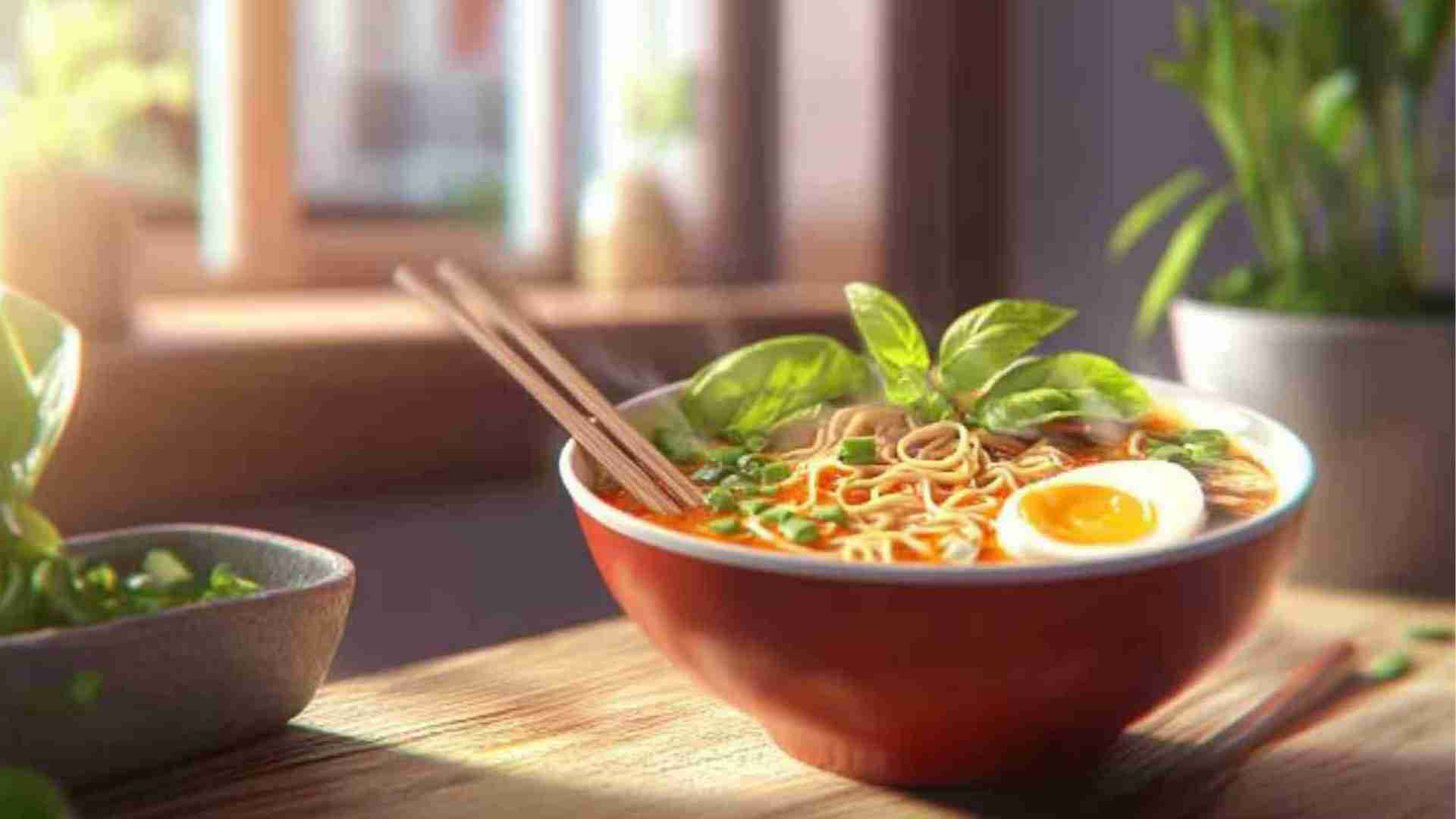 Thai Basil Chicken Ramen Noodles in Spicy Broth