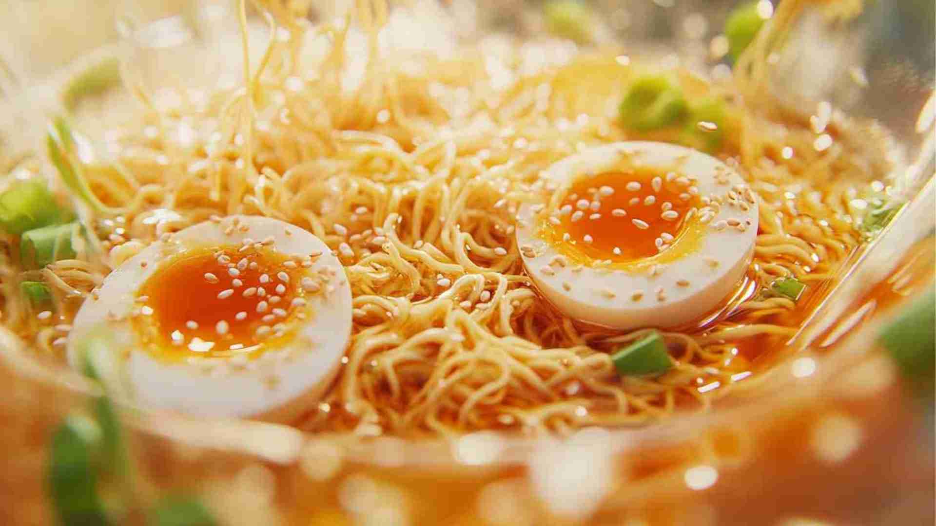 Sriracha Sesame Ramen Noodles with Boiled Eggs