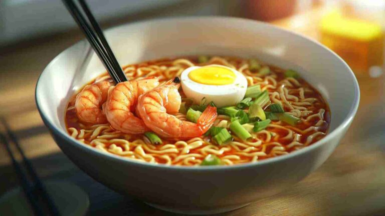 Chili Oil Ramen Noodles with Shrimp and Scallions