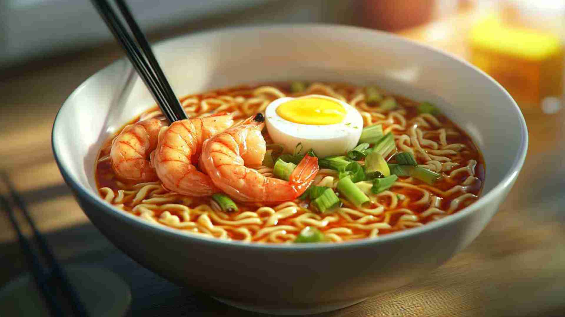 Chili Oil Ramen Noodles with Shrimp and Scallions