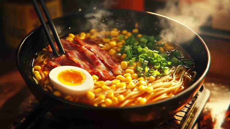 Bacon and Corn Ramen Noodles with Soy Sauce Base