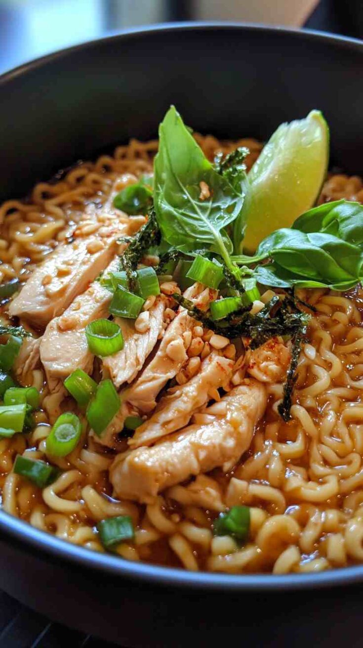 Thai Basil Chicken Ramen Noodles in Spicy Broth Thai Basil Chicken Ramen Noodles in Spicy Broth