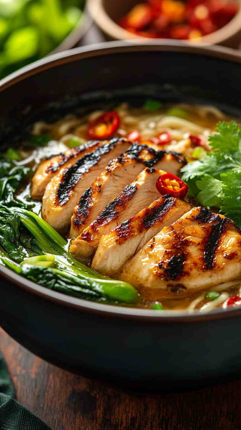 Thai Basil Chicken Ramen Noodles in Spicy Broth Thai Basil Chicken Ramen Noodles in Spicy Broth