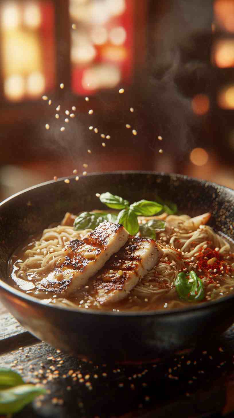 Thai Basil Chicken Ramen Noodles in Spicy Broth Thai Basil Chicken Ramen Noodles in Spicy Broth