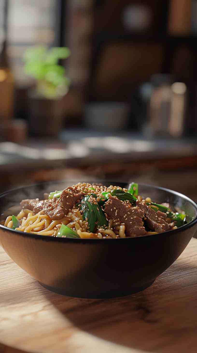 Udon-Ramen Noodles Fusion with Beef and Miso Udon-Ramen Noodles Fusion with Beef and Miso