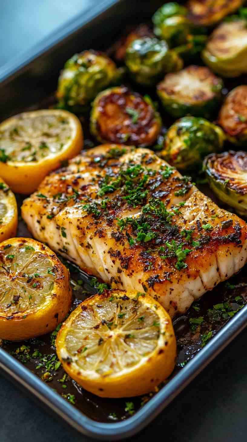 Baked Lemon Herb Cod with Roasted Brussels Sprouts