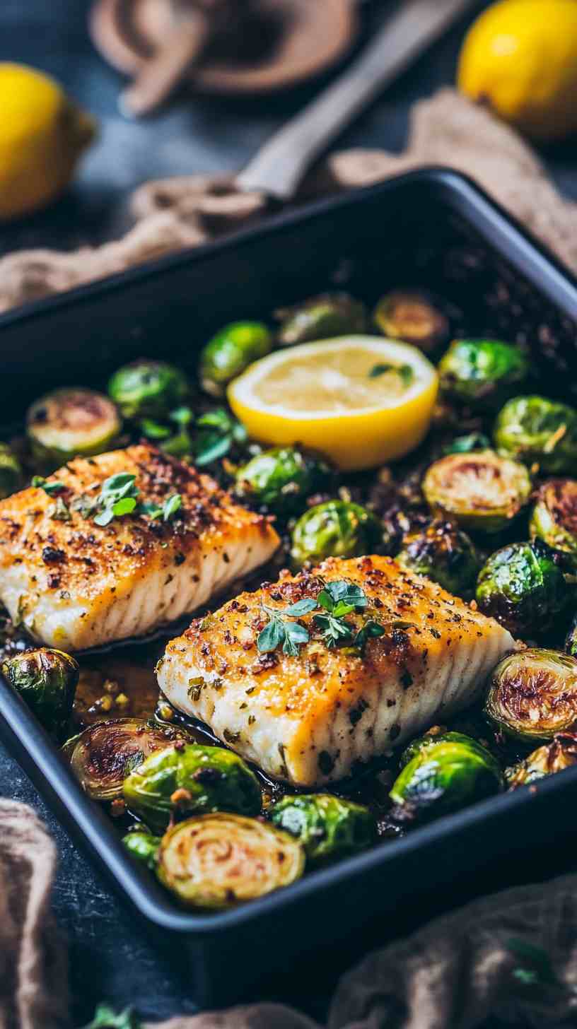 Baked Lemon Herb Cod with Roasted Brussels Sprouts