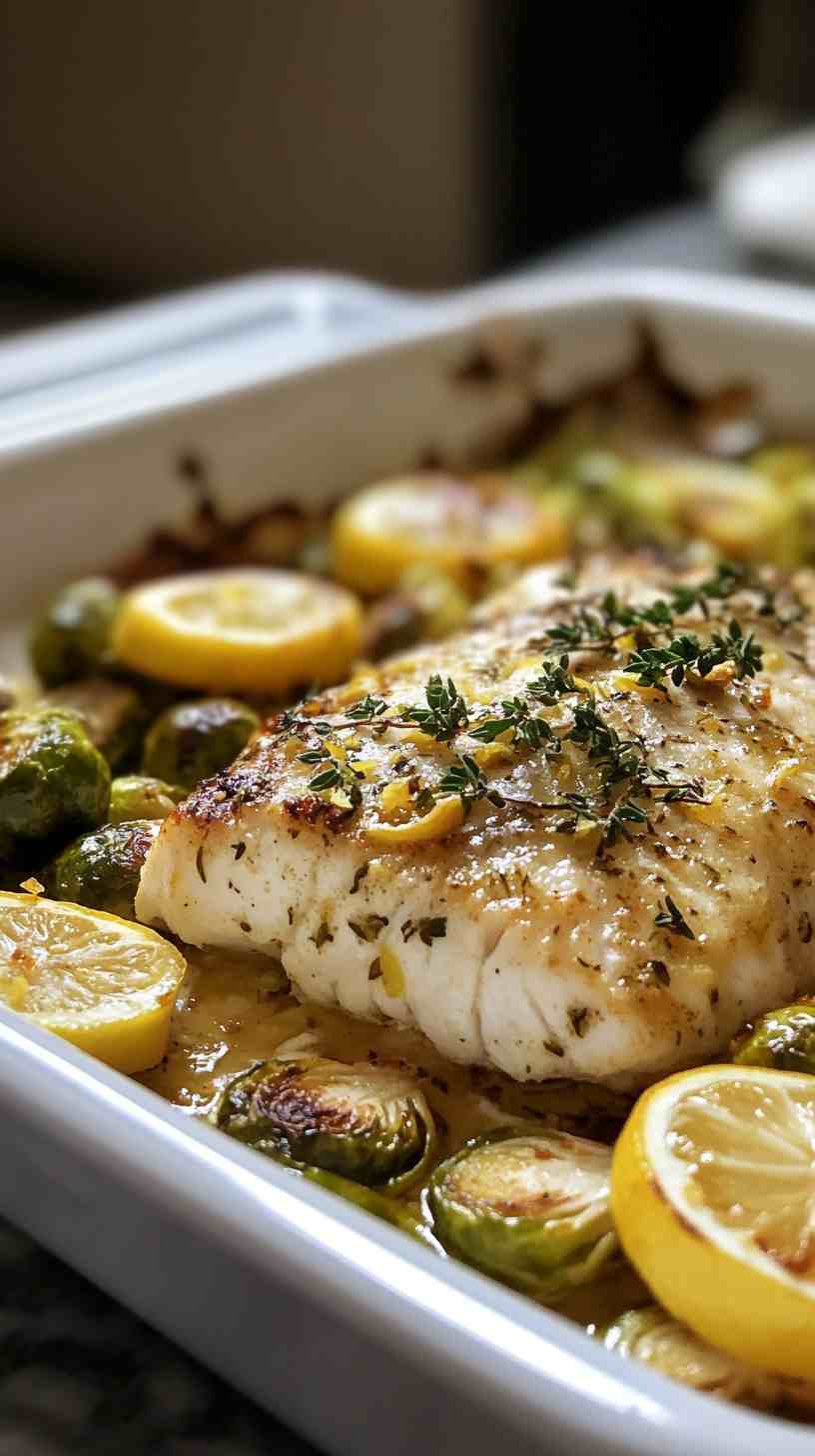 Baked Lemon Herb Cod with Roasted Brussels Sprouts
