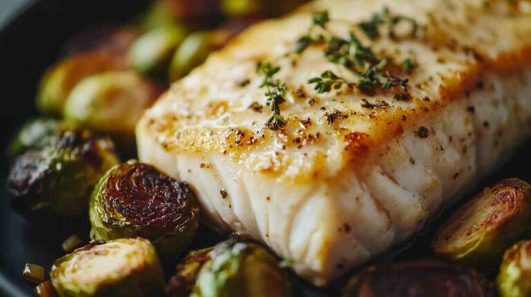 Baked Lemon Herb Cod with Roasted Brussels Sprouts