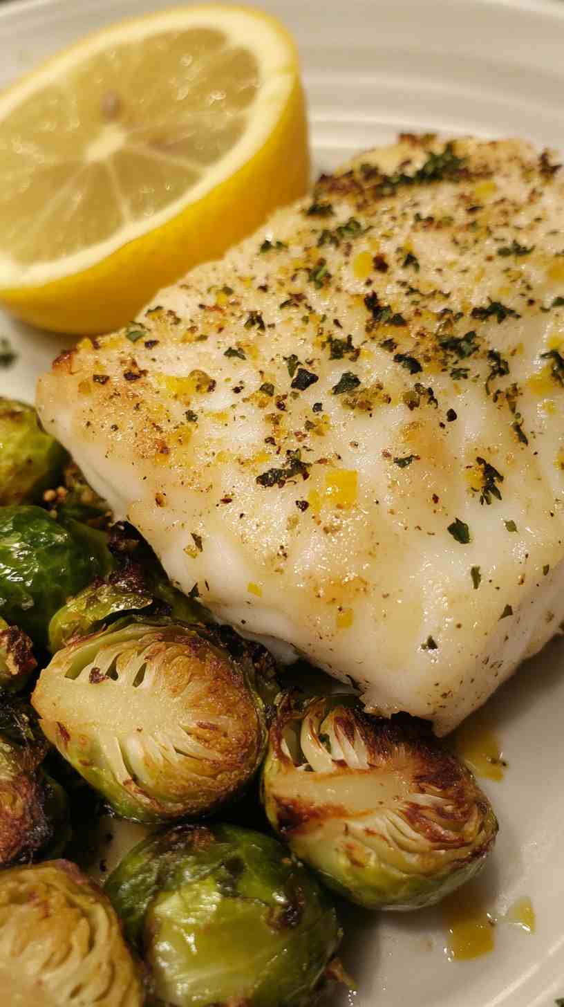 Baked Lemon Herb Cod with Roasted Brussels Sprouts