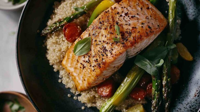 Baked Salmon with Asparagus and Quinoa