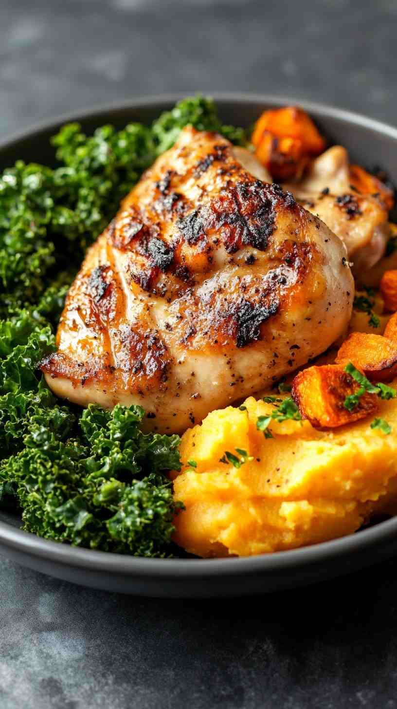 Roasted Chicken with Sweet Potato Mash and Kale